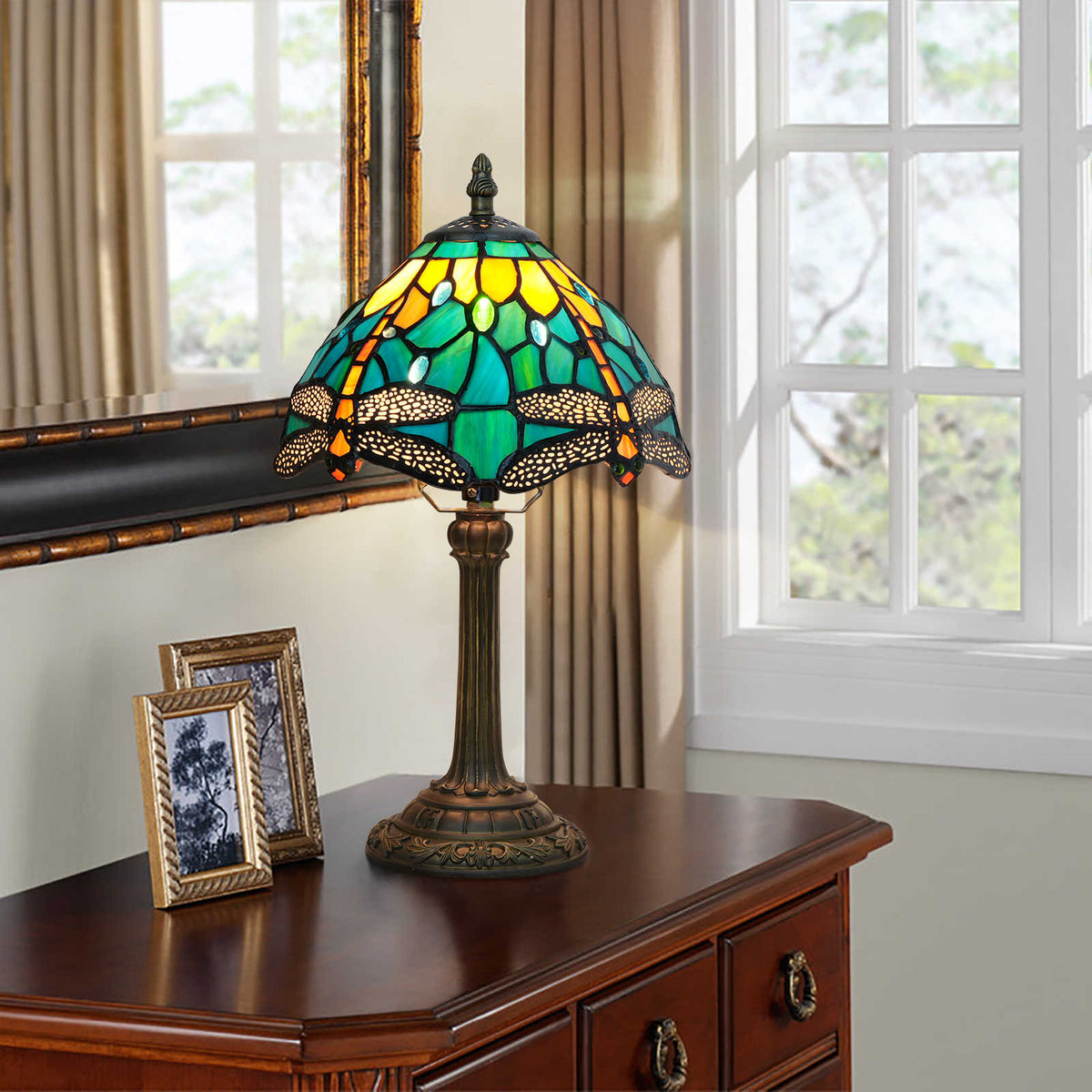 Tiffany Stained Glass Table Lamp with Dragonflies