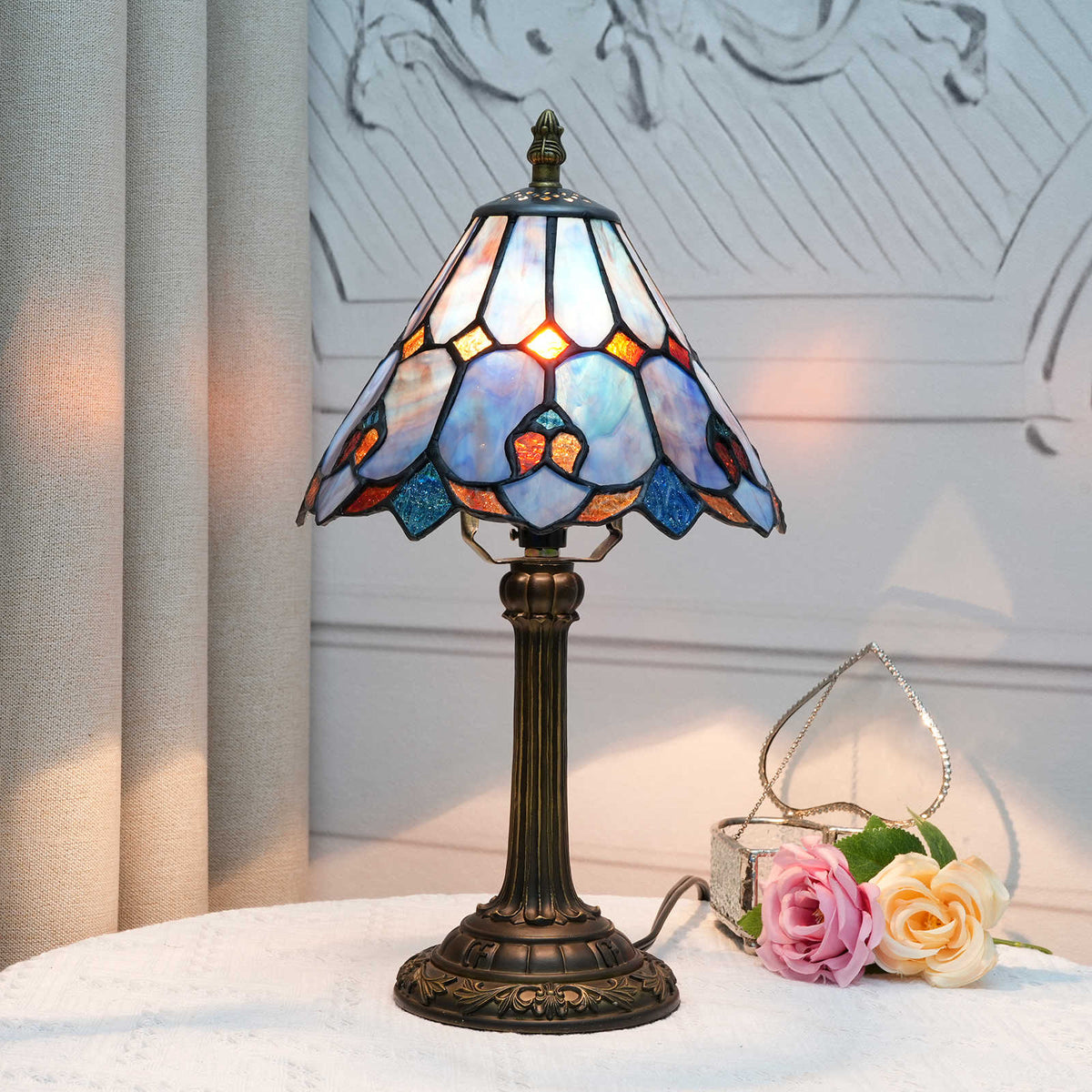 Tiffany Table Lamp in Blue and Orange Stained Glass