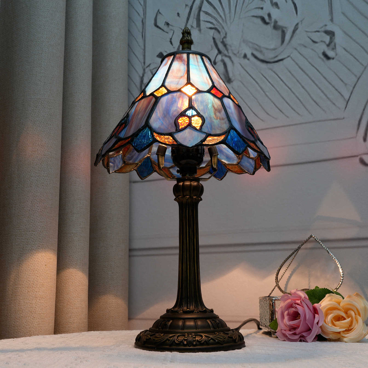 Tiffany Table Lamp in Blue and Orange Stained Glass
