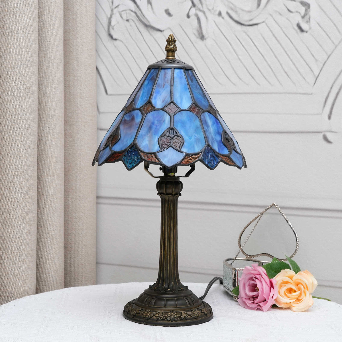 Tiffany Table Lamp in Blue and Orange Stained Glass