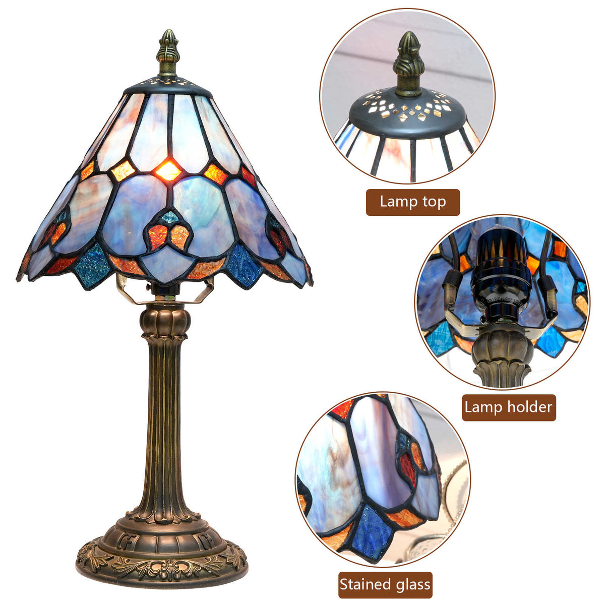 Tiffany Table Lamp in Blue and Orange Stained Glass