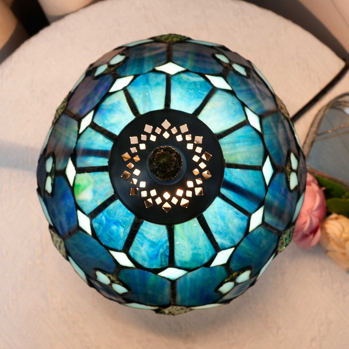 Tiffany Table Lamp with Blue Green Tinted Glass