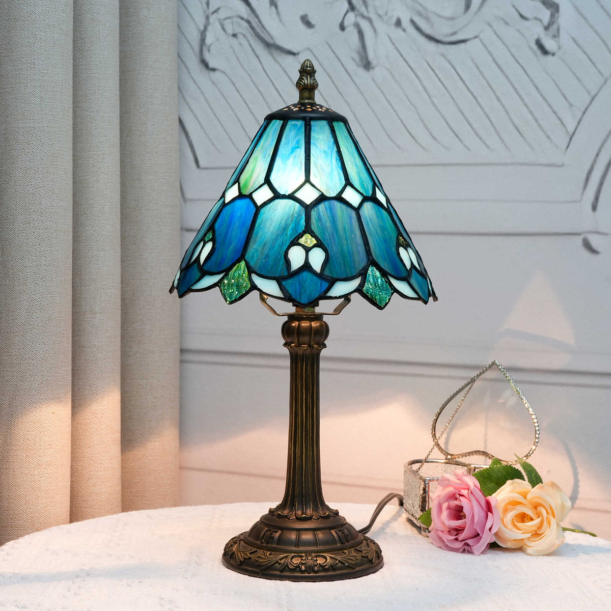 Tiffany Table Lamp with Blue Green Tinted Glass