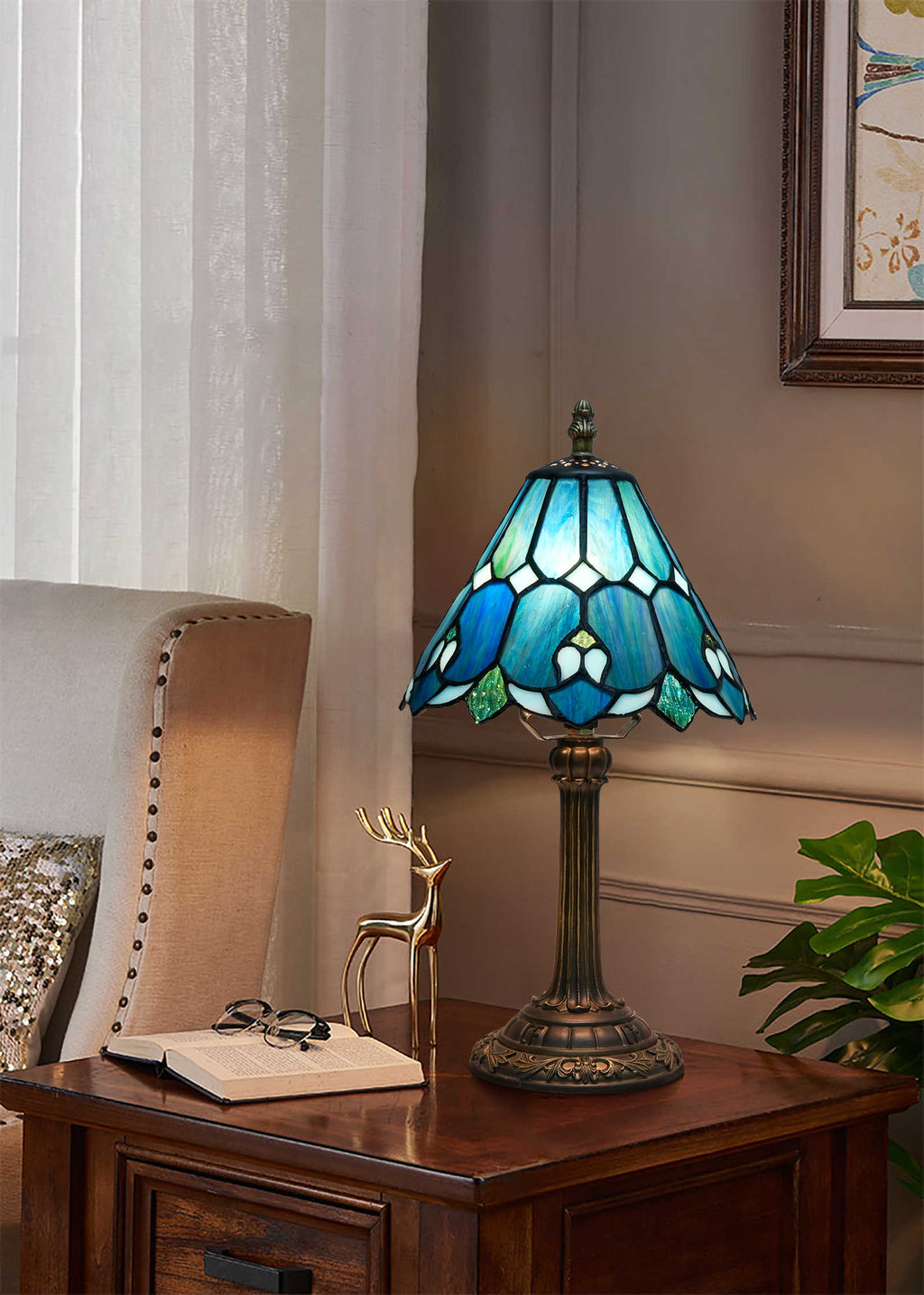 Tiffany Table Lamp with Blue Green Tinted Glass