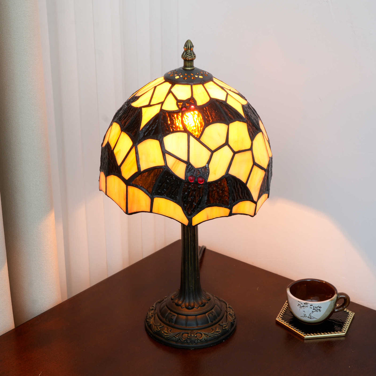 Tiffany Stained Glass Table Lamp with Red-Eyed Owls
