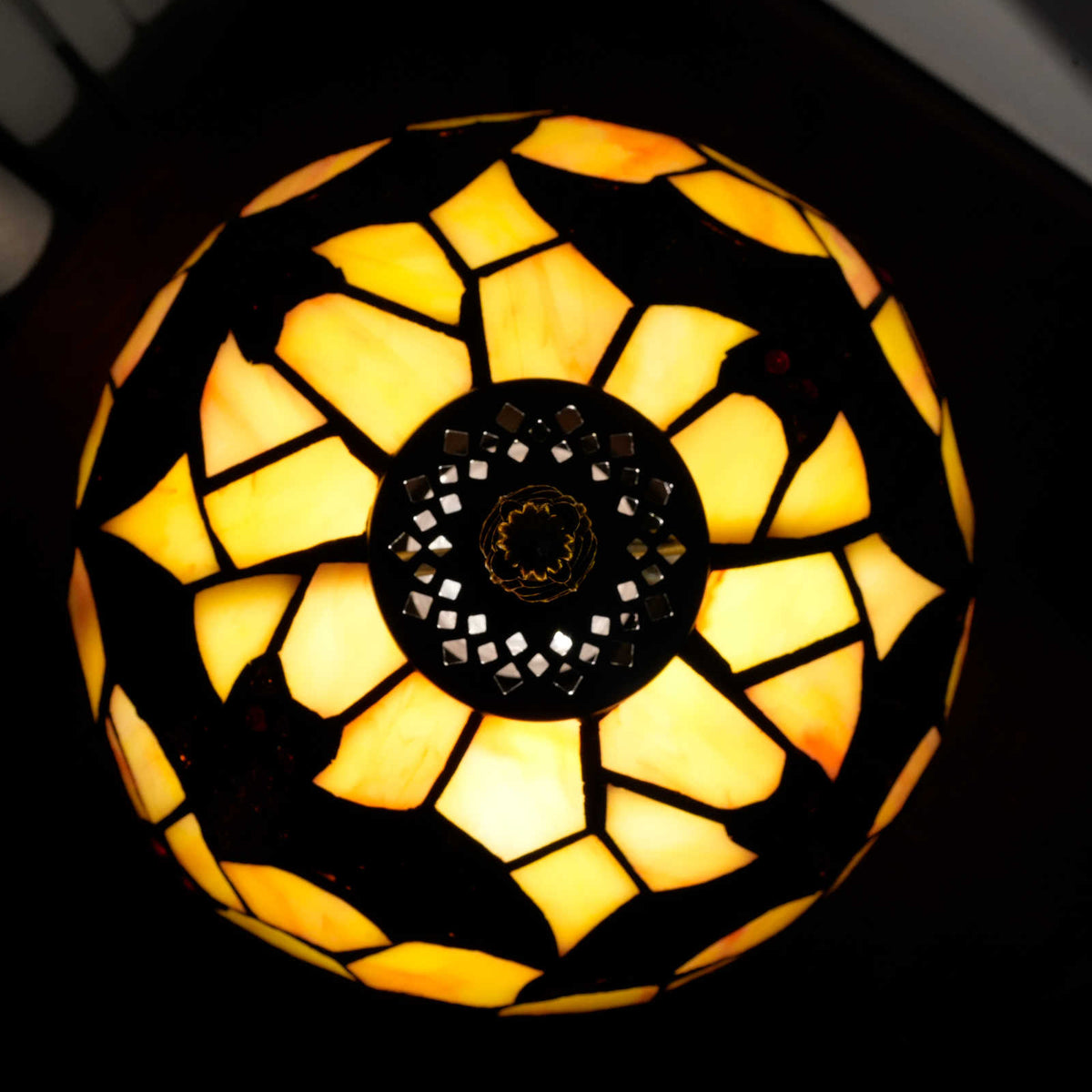 Tiffany Stained Glass Table Lamp with Red-Eyed Owls
