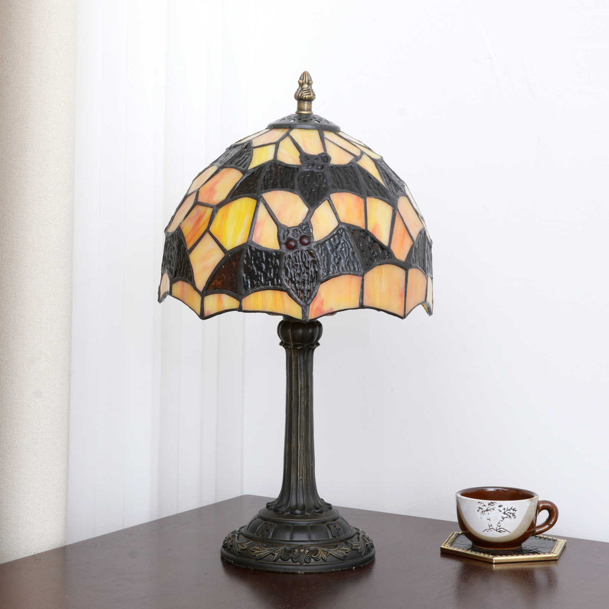 Tiffany Stained Glass Table Lamp with Red-Eyed Owls
