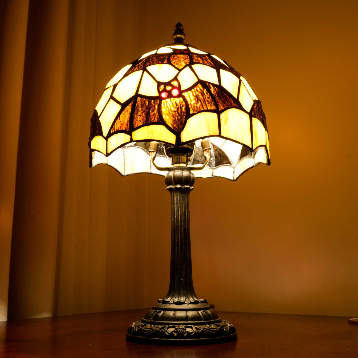 Tiffany Stained Glass Table Lamp with Red-Eyed Owls