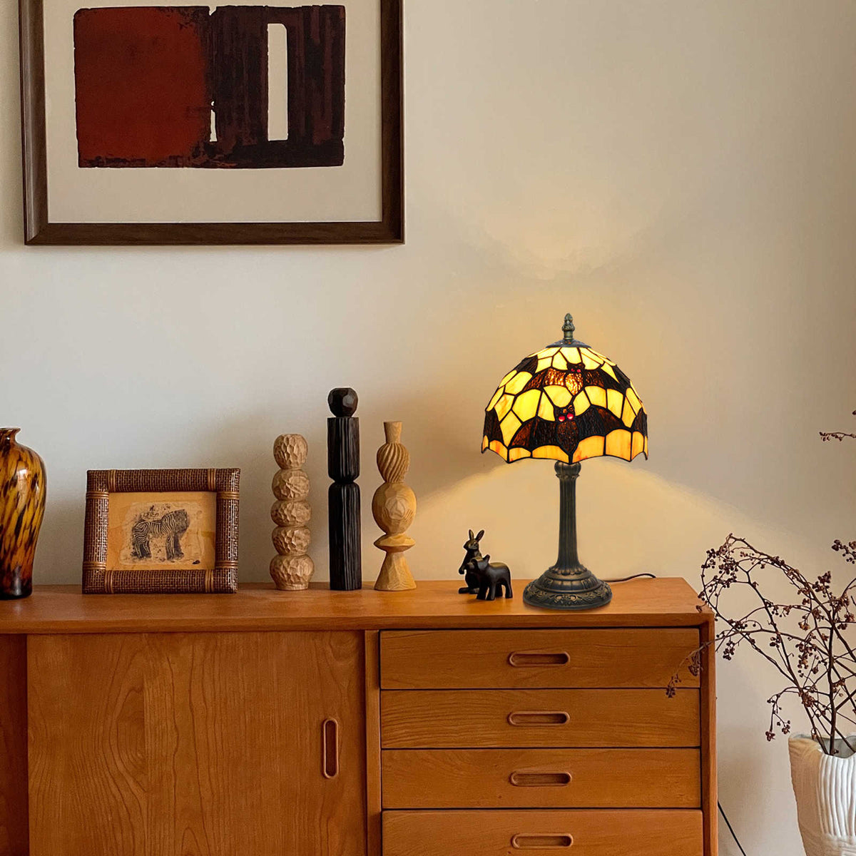 Tiffany Stained Glass Table Lamp with Red-Eyed Owls