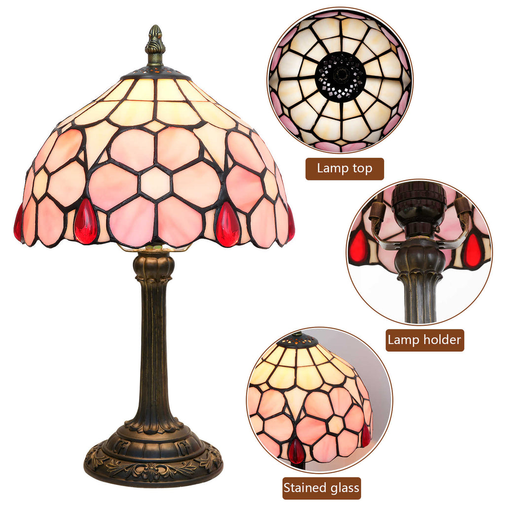 Tiffany-style stained glass table lamp in pink and red drops