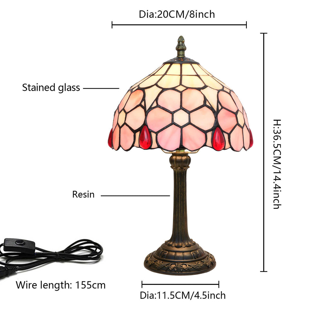 Tiffany-style stained glass table lamp in pink and red drops