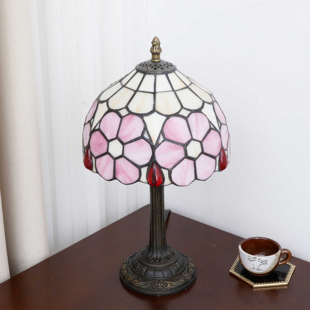 Tiffany-style stained glass table lamp in pink and red drops