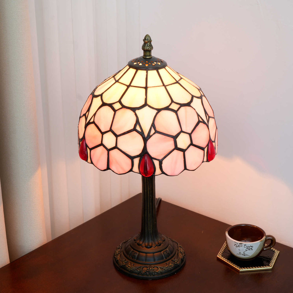 Tiffany-style stained glass table lamp in pink and red drops