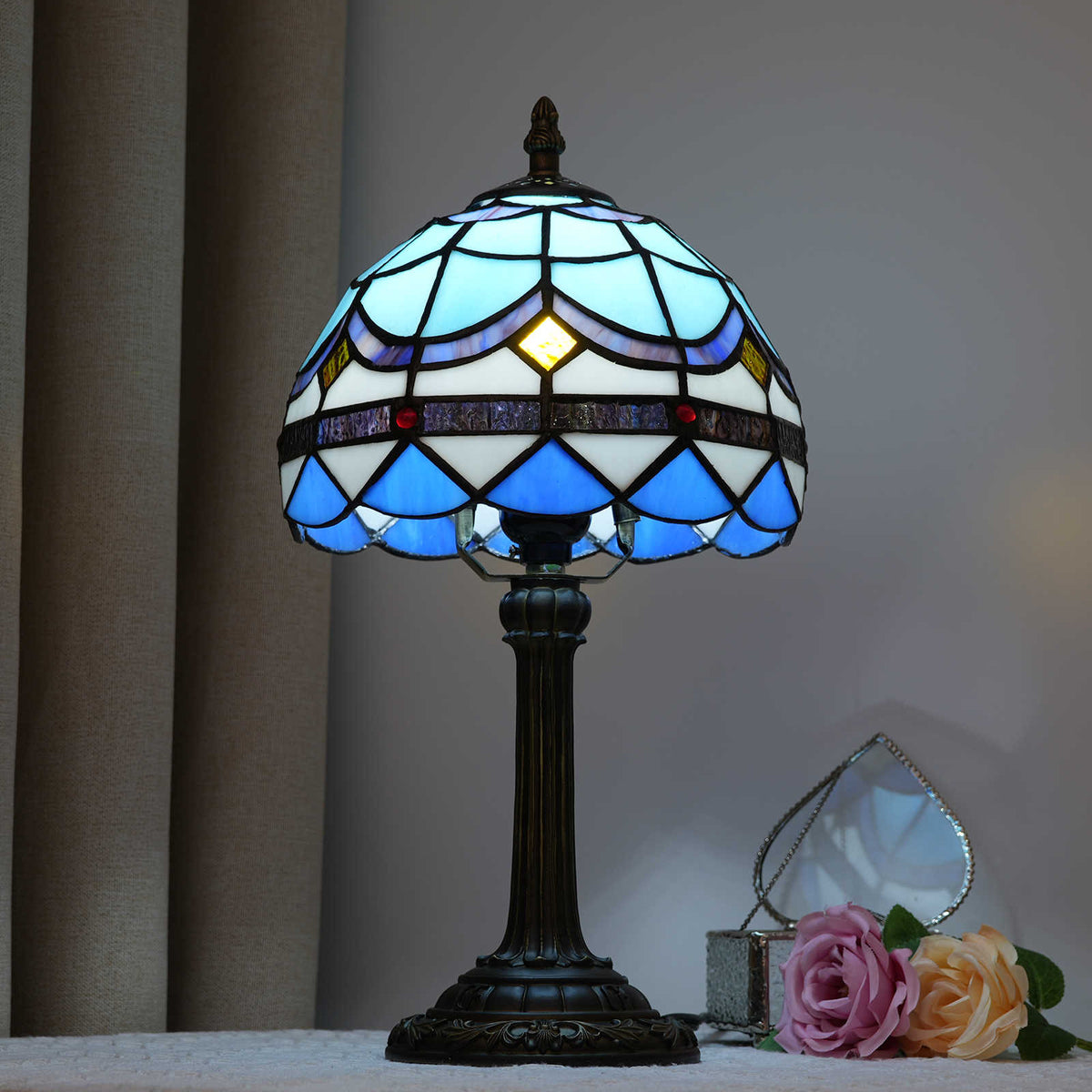 Tiffany Table Lamp in Blue and Yellow Tinted Glass
