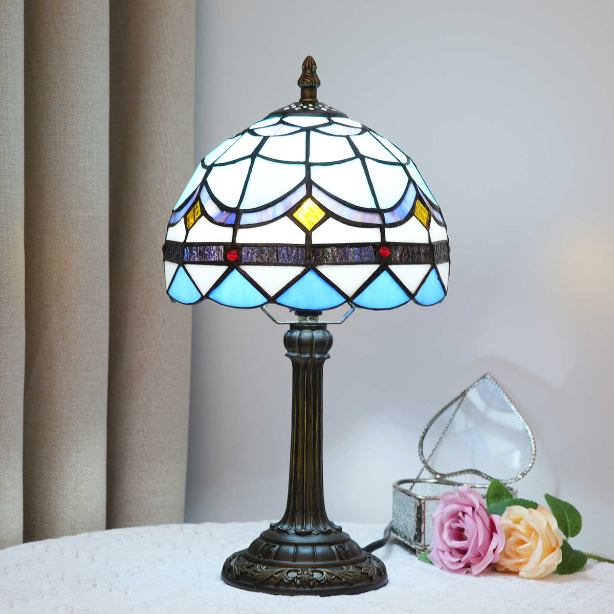 Tiffany Table Lamp in Blue and Yellow Tinted Glass