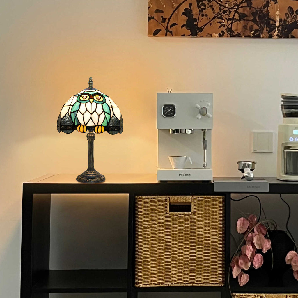 Tiffany Owl Table Lamp in Tinted Glass