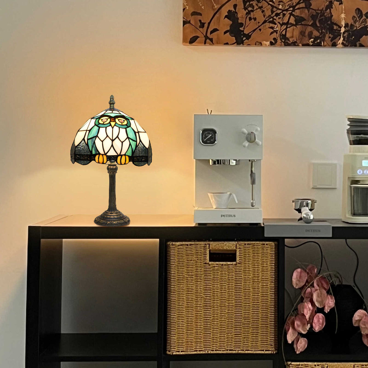 Tiffany Owl Table Lamp in Tinted Glass