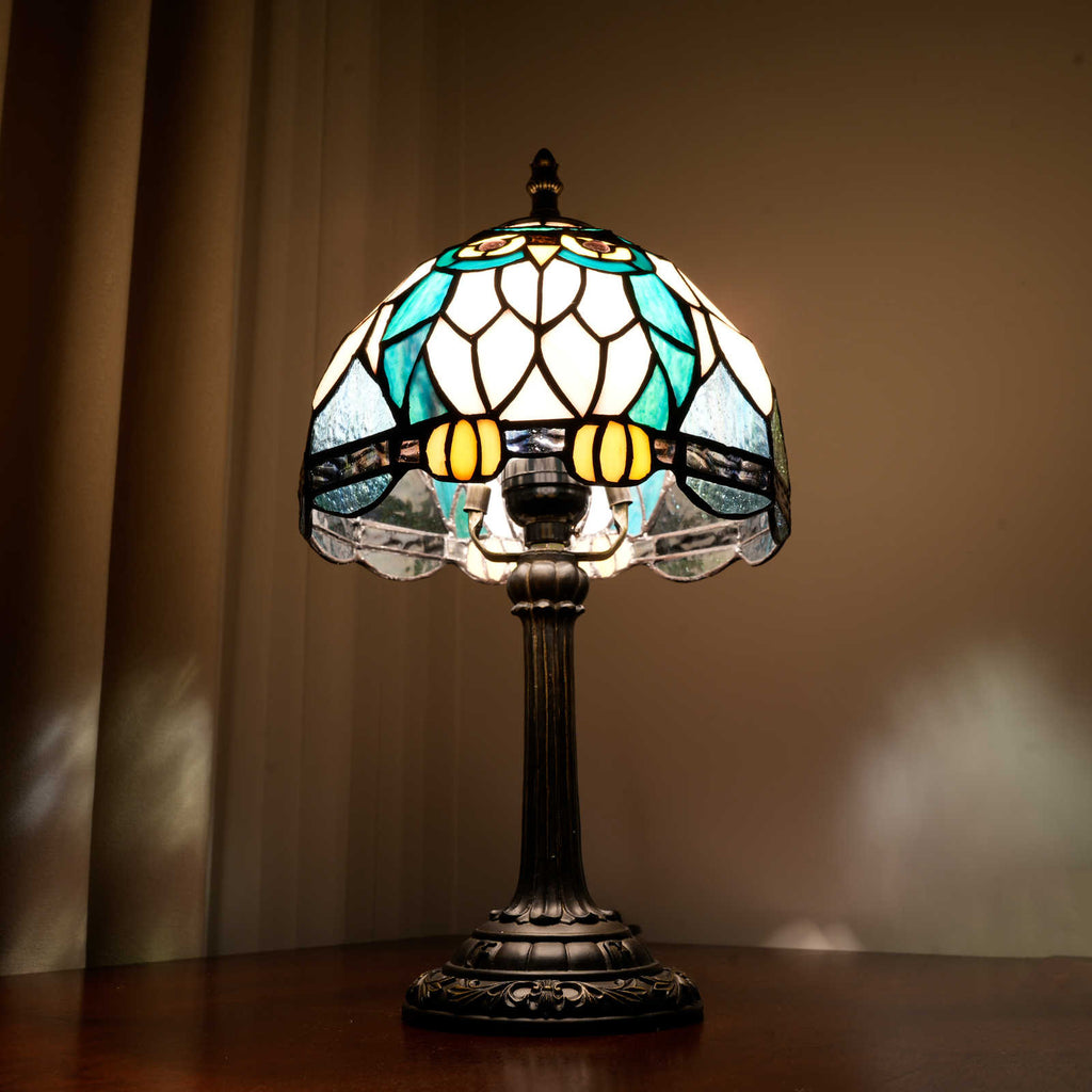 Tiffany Owl Table Lamp in Tinted Glass
