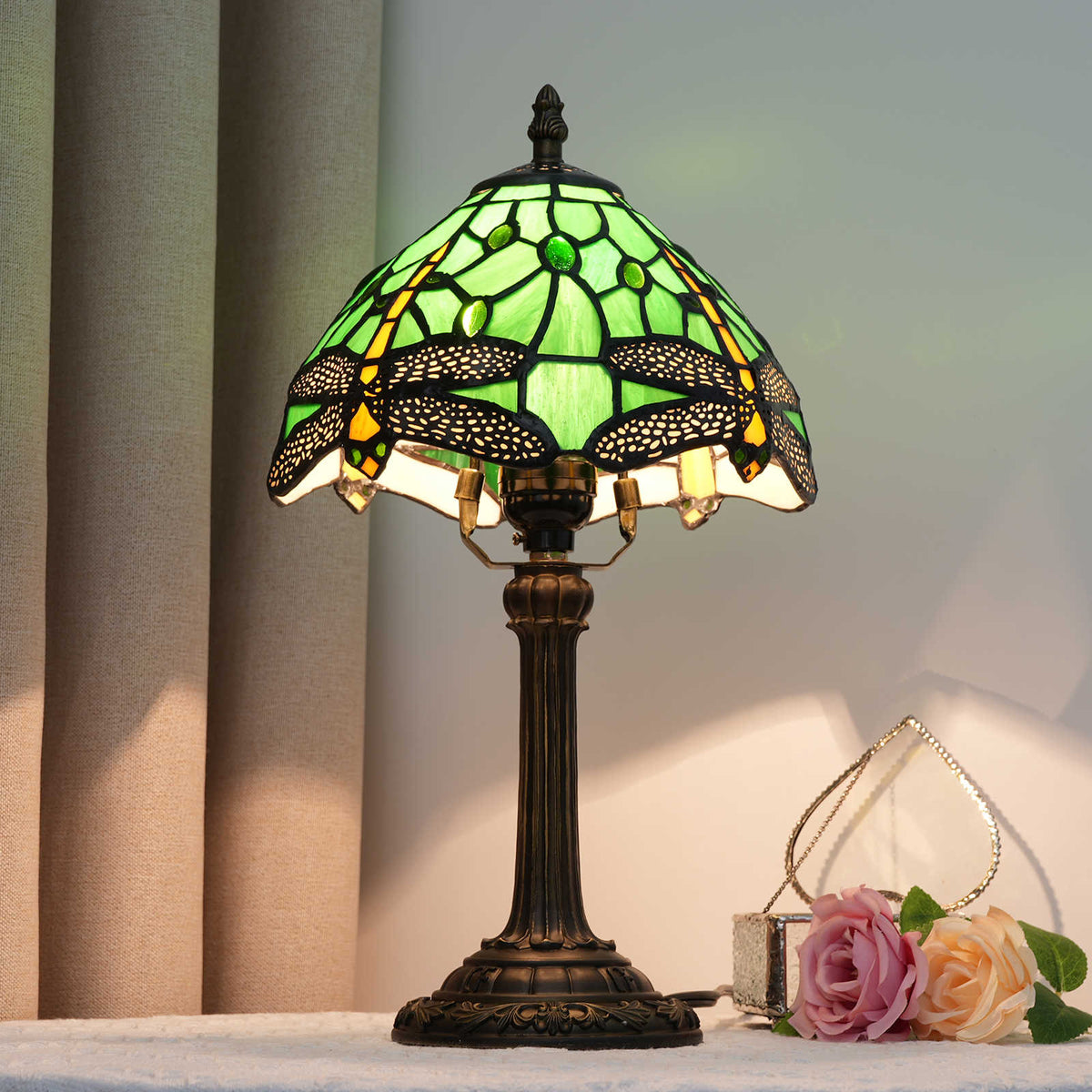 Tiffany Bedside Lamp Dragonflies Green Bronze