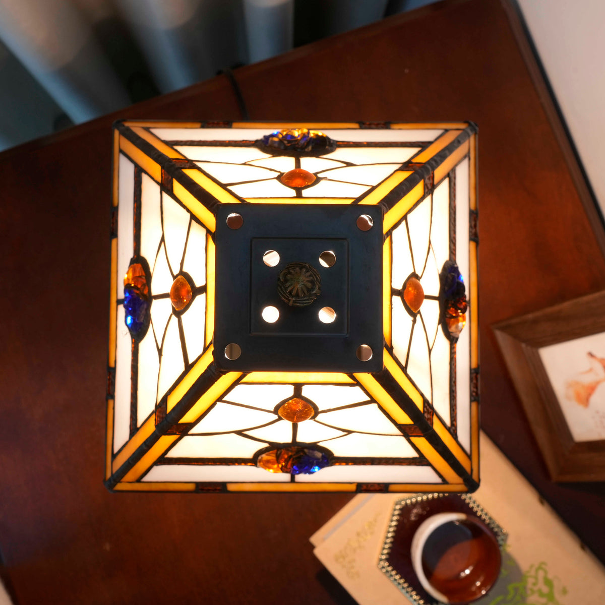 Amber Blue Tiffany Style Stained Glass Table Lamp