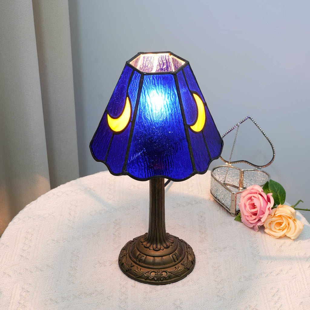 Tiffany Table Lamp in Blue Glass with Moons