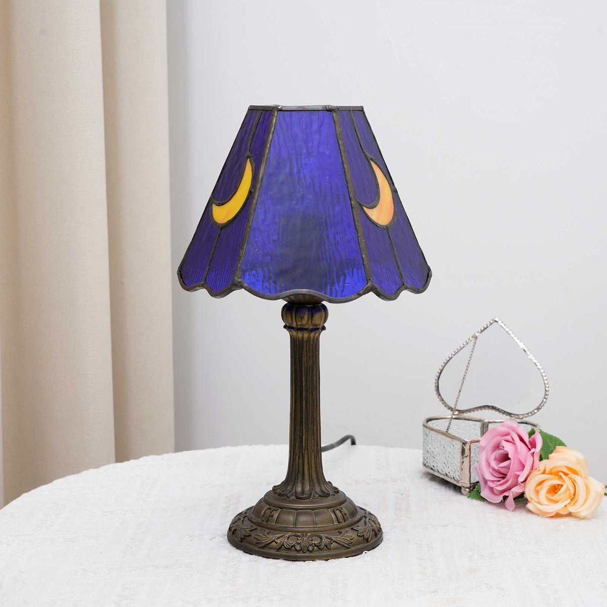 Tiffany Table Lamp in Blue Glass with Moons