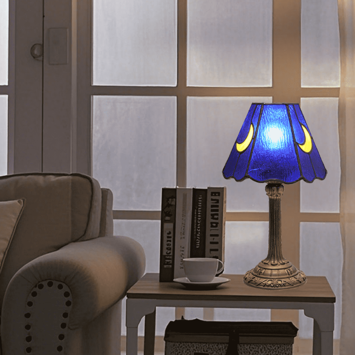 Tiffany Table Lamp in Blue Glass with Moons