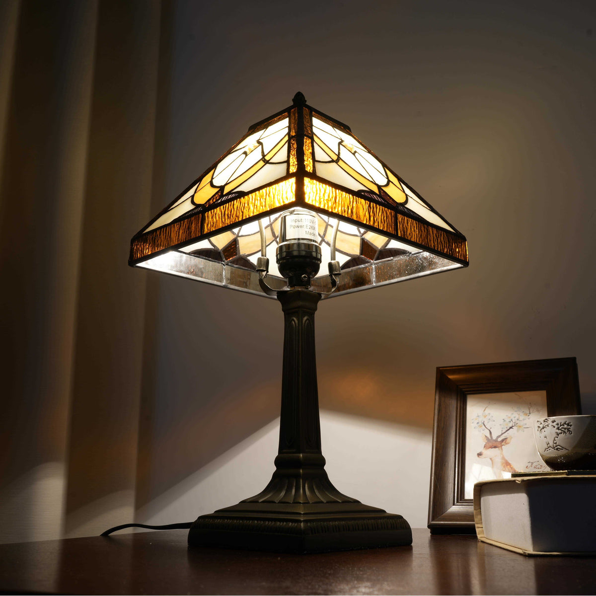 Tiffany Style Amber and Cream Stained Glass Table Lamp