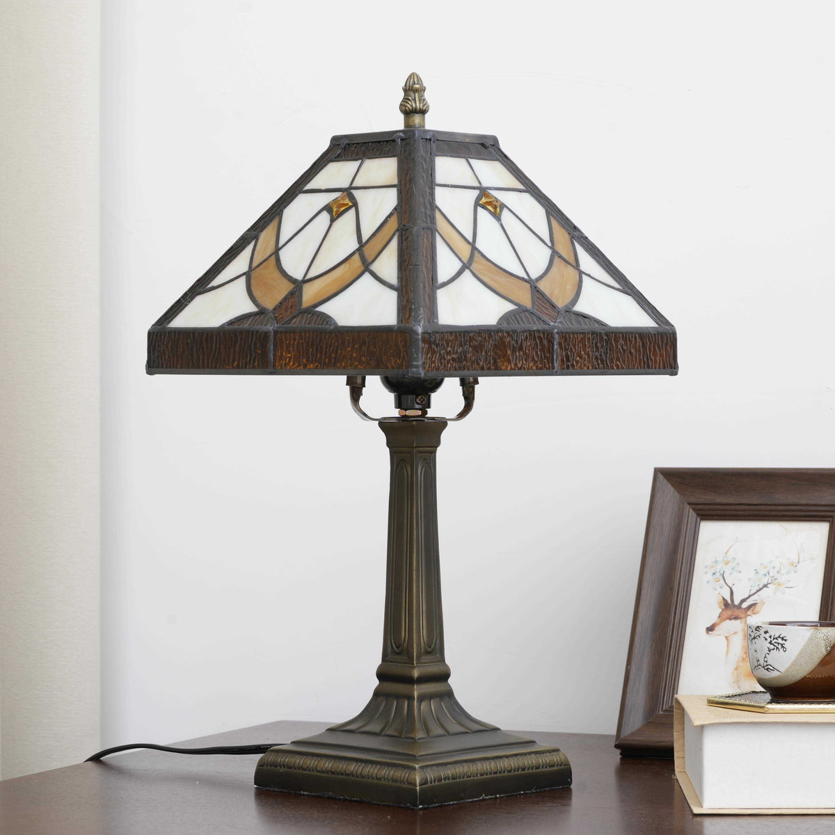Tiffany Style Amber and Cream Stained Glass Table Lamp