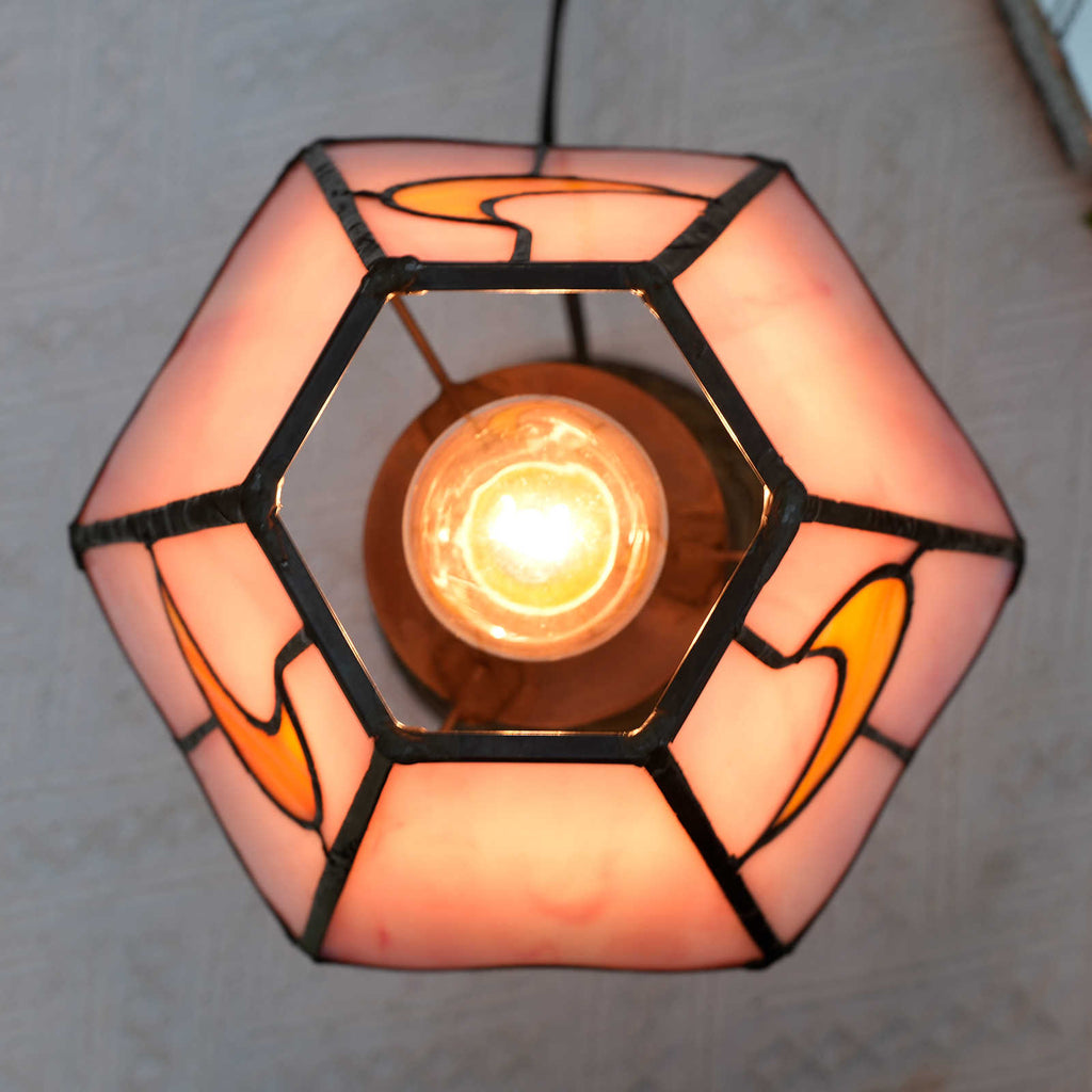 Pink Stained Glass Table Lamp with Moon Motifs
