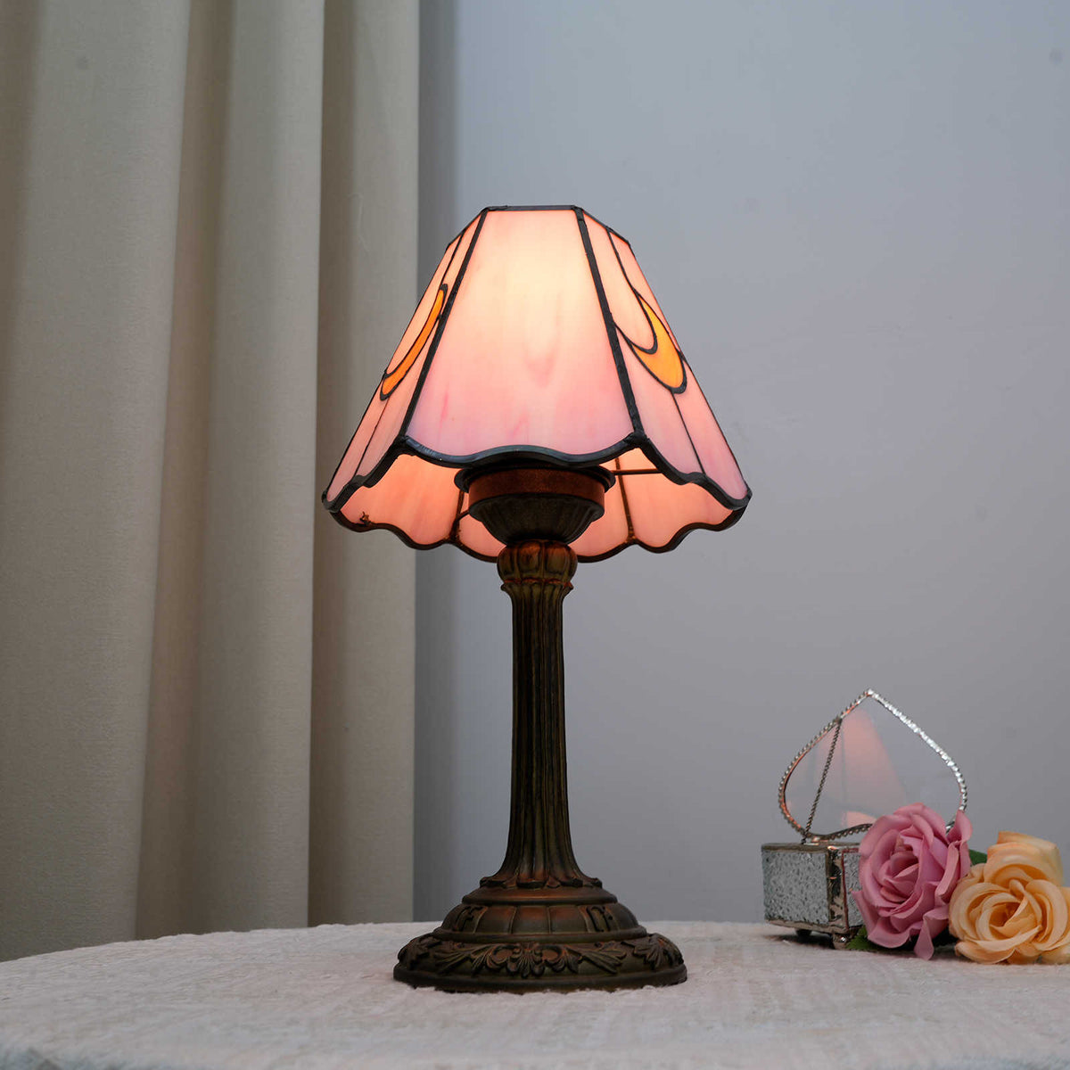 Pink Stained Glass Table Lamp with Moon Motifs