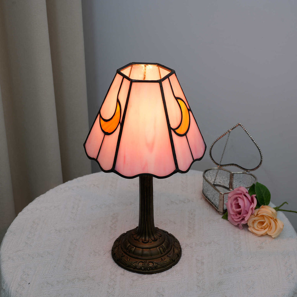 Pink Stained Glass Table Lamp with Moon Motifs