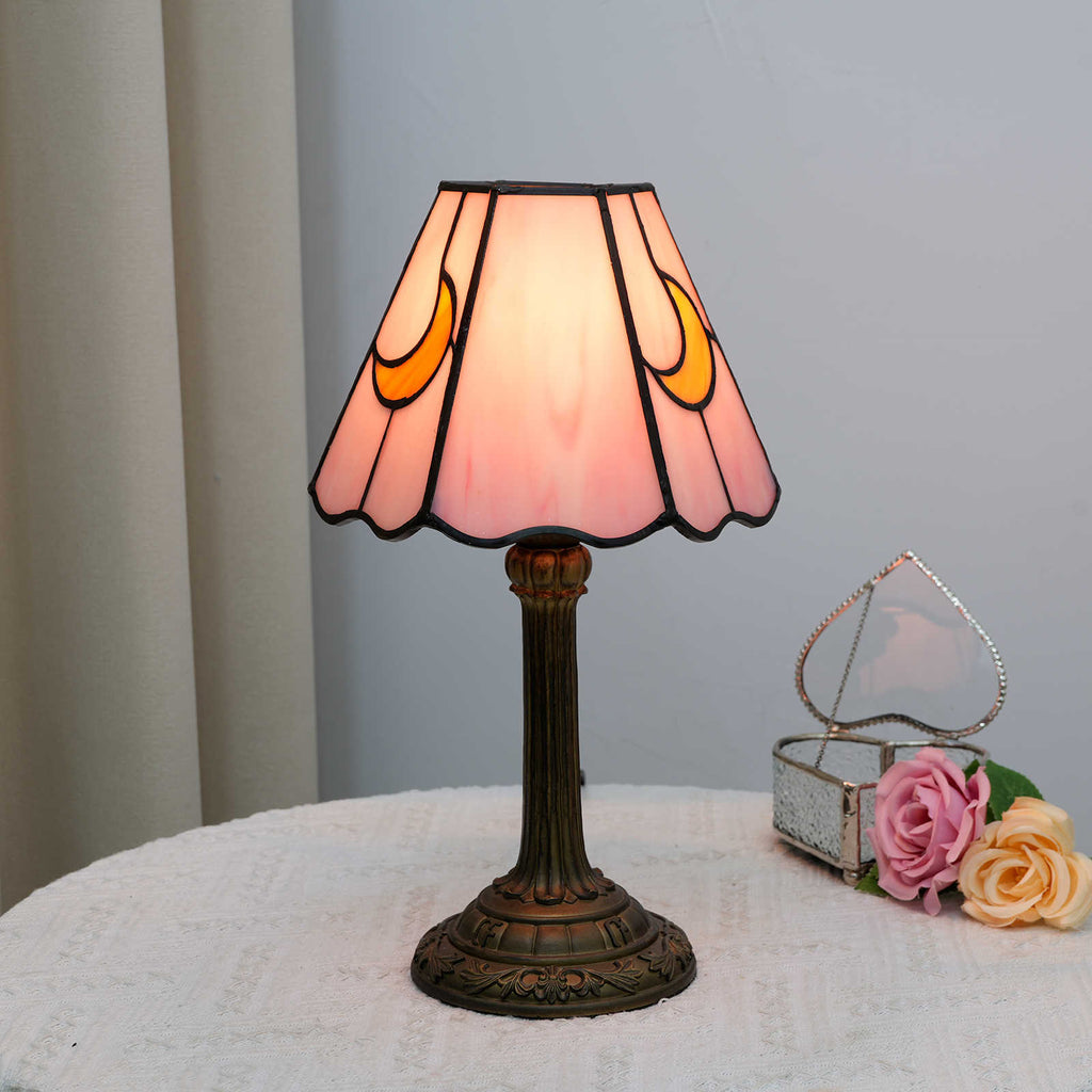 Pink Stained Glass Table Lamp with Moon Motifs