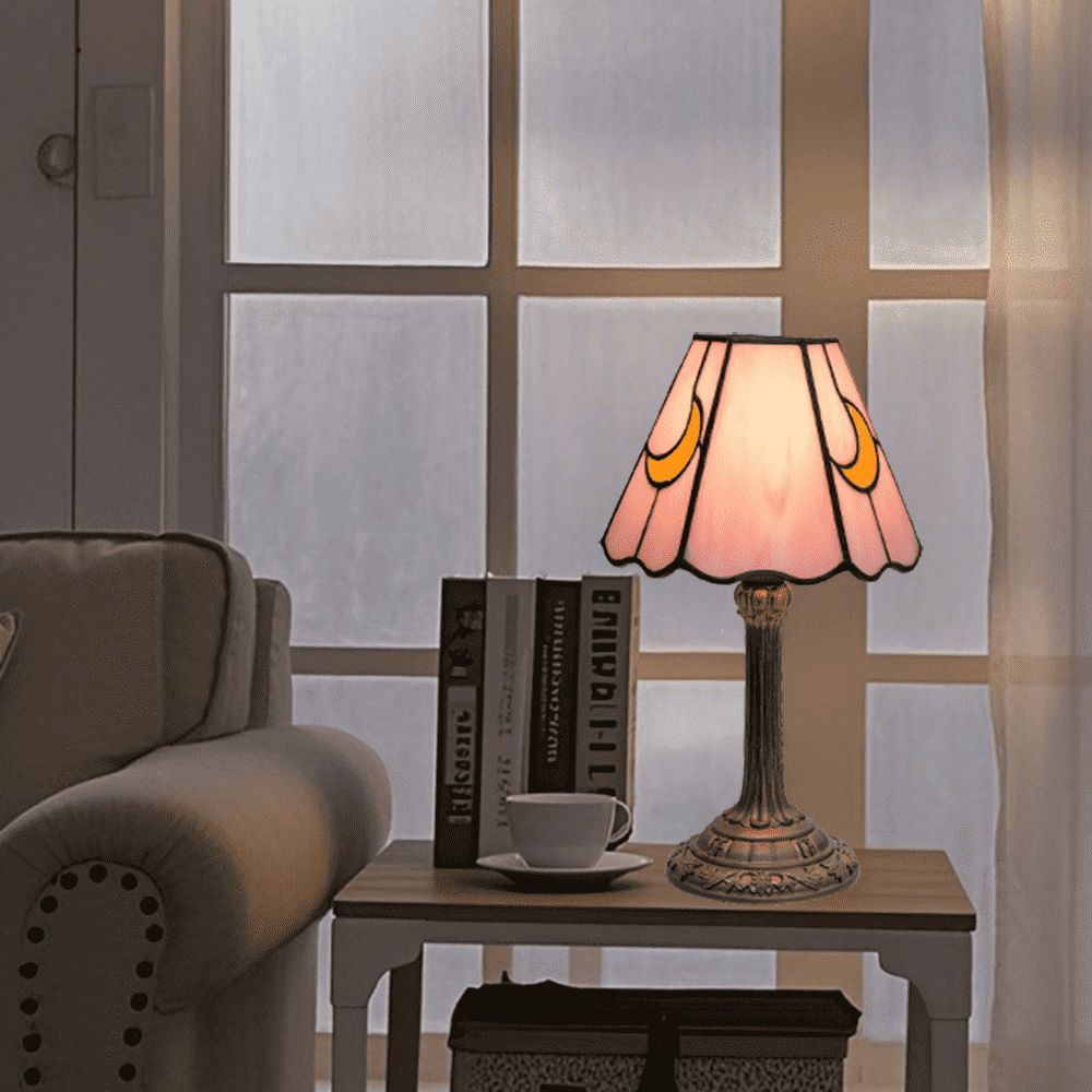 Pink Stained Glass Table Lamp with Moon Motifs
