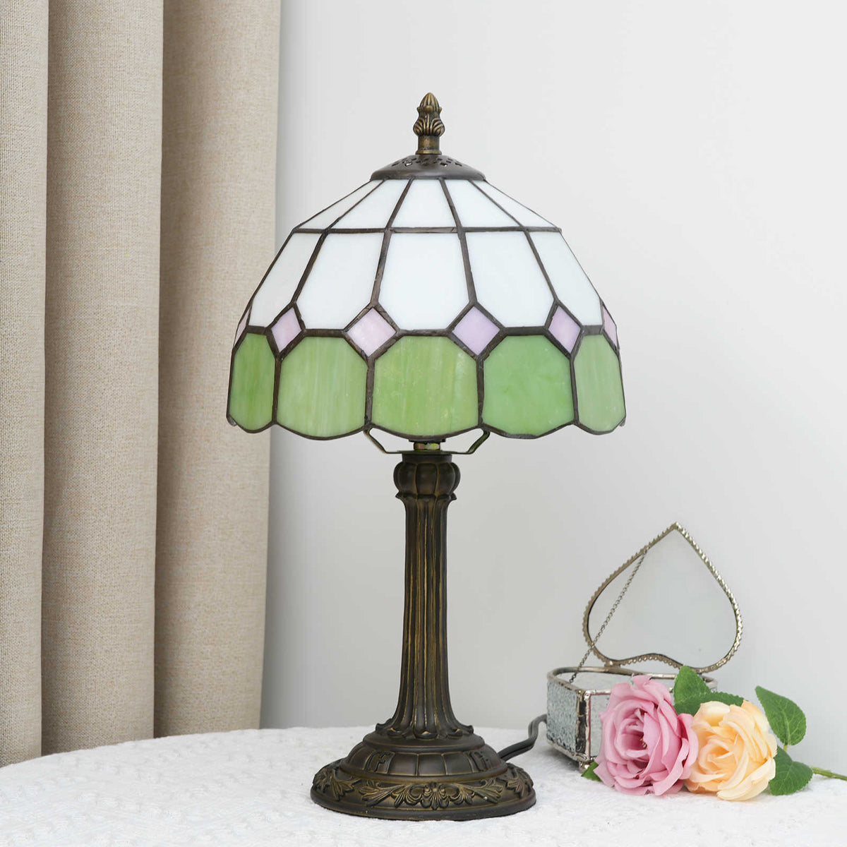 Green and Pink Tiffany Stained Glass Table Lamp