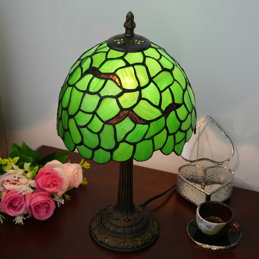 Tiffany Table Lamp in Green Glass and Antique Bronze