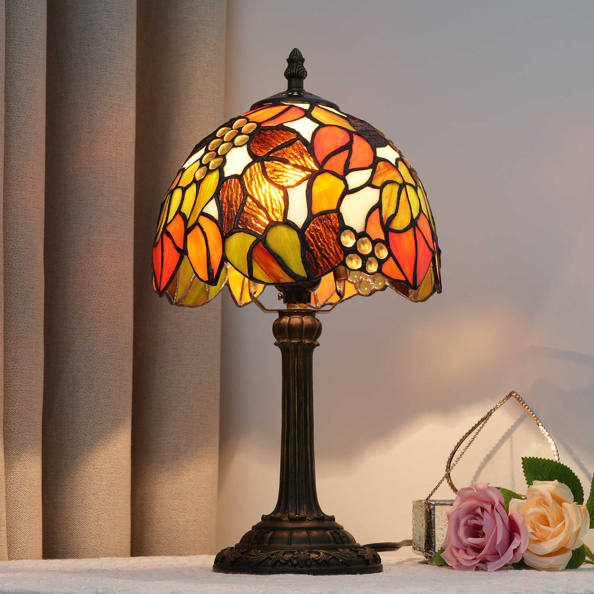Amber Floral Stained Glass Table Lamp, Tiffany Style