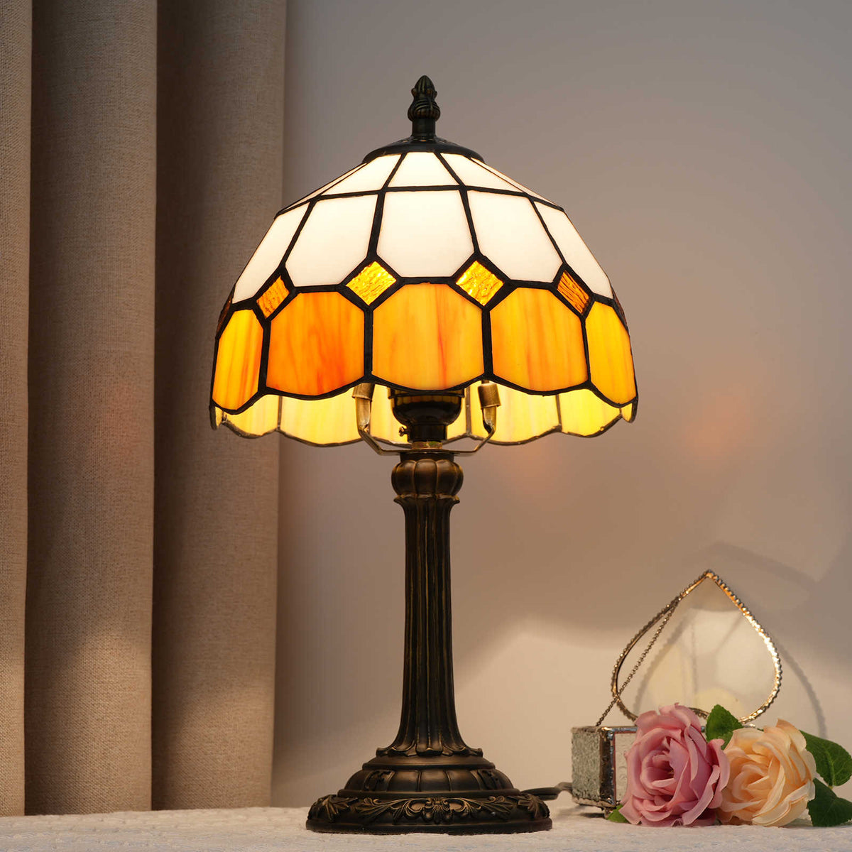 Tiffany Style Amber and Cream Stained Glass Table Lamp