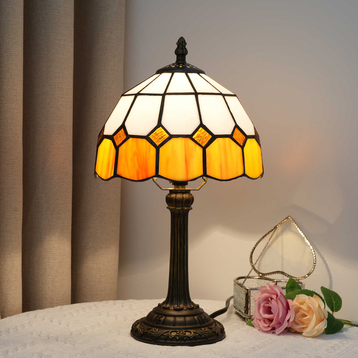 Tiffany Style Amber and Cream Stained Glass Table Lamp