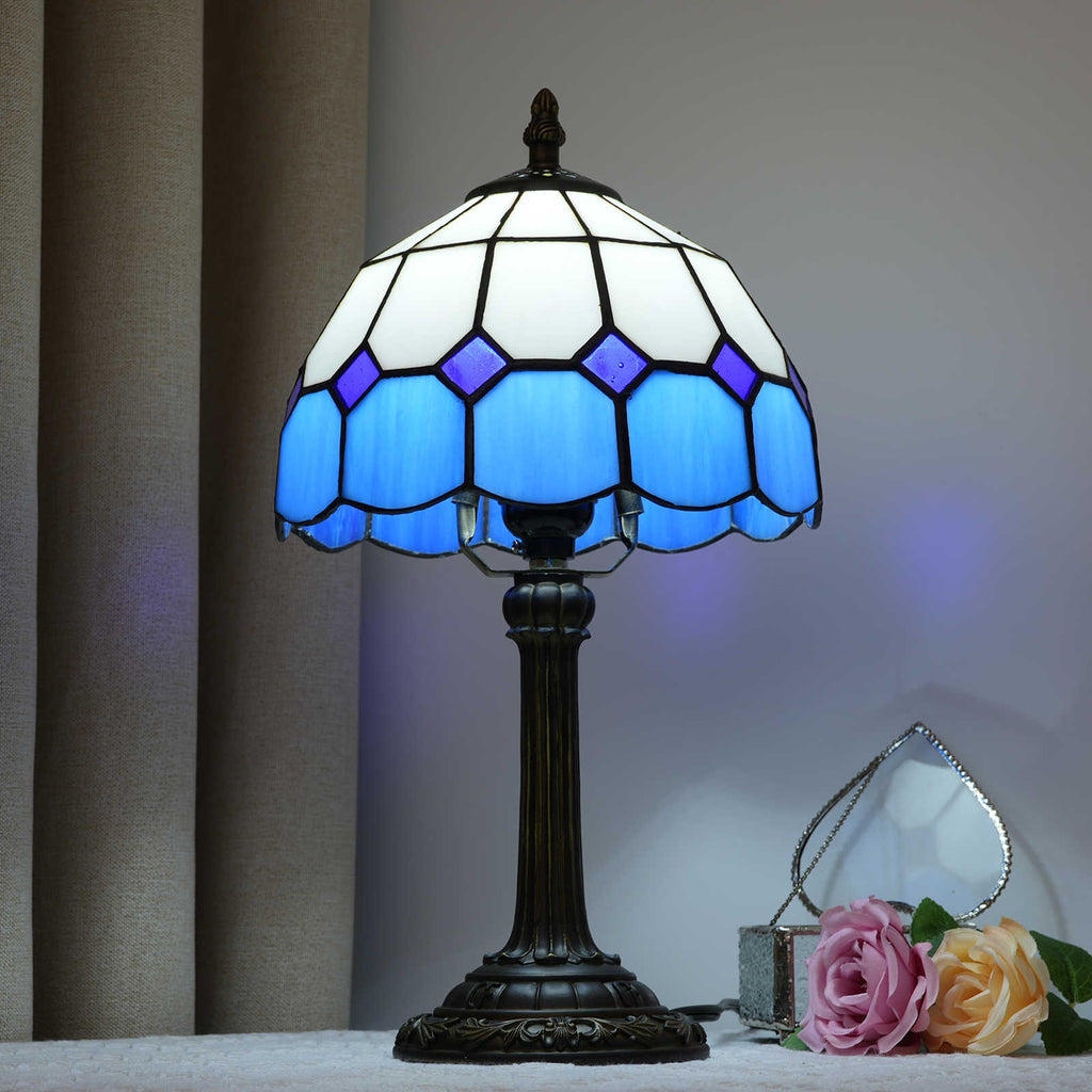 Tiffany Style Table Lamp, Blue and White Glass