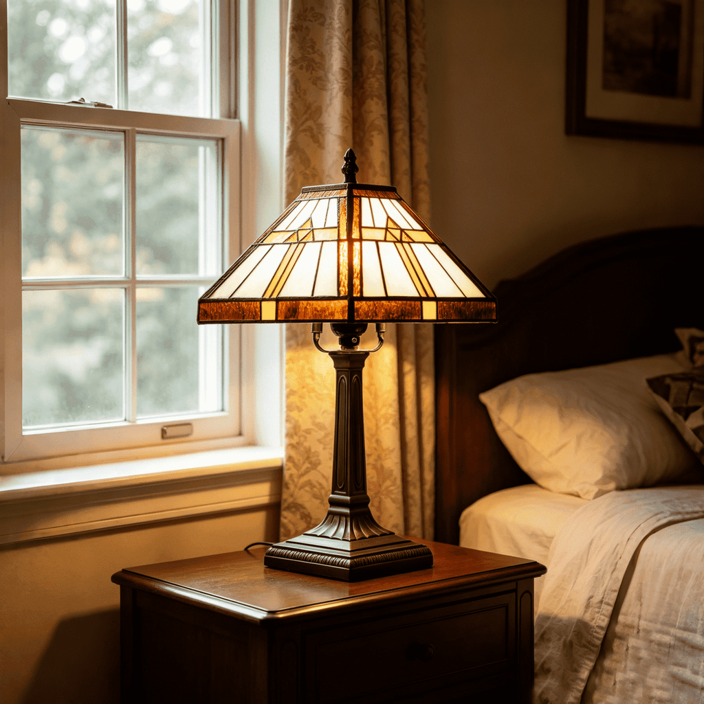 Tiffany Style Table Lamp in Amber and Cream Glass