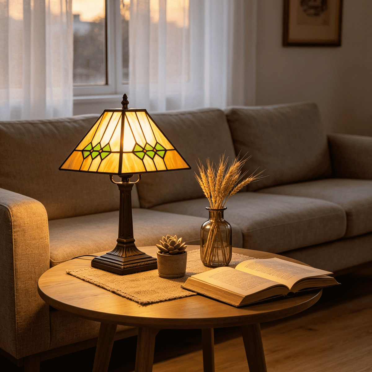 Tiffany Table Lamp in Amber and Green Stained Glass