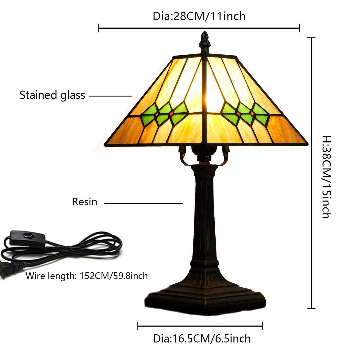 Tiffany Table Lamp in Amber and Green Stained Glass