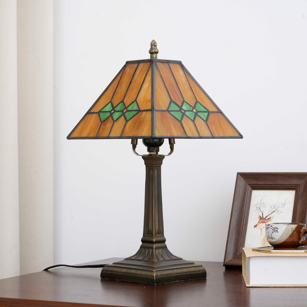 Tiffany Table Lamp in Amber and Green Stained Glass