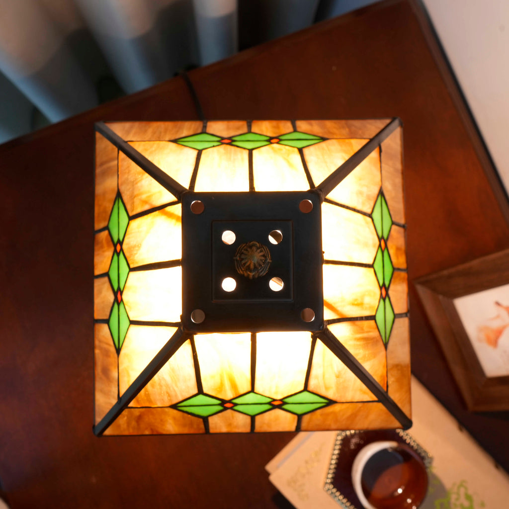 Tiffany Table Lamp in Amber and Green Stained Glass
