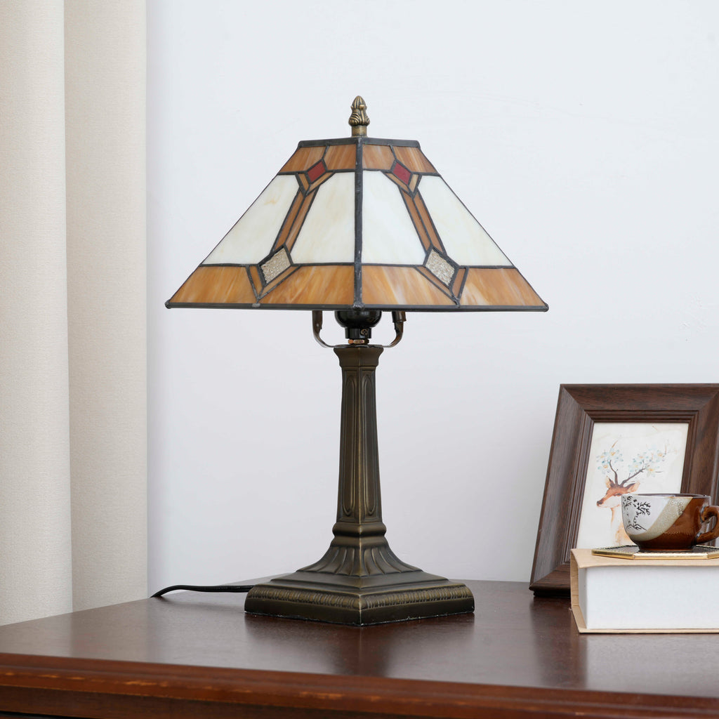 Tiffany Table Lamp in Geometric Amber Stained Glass