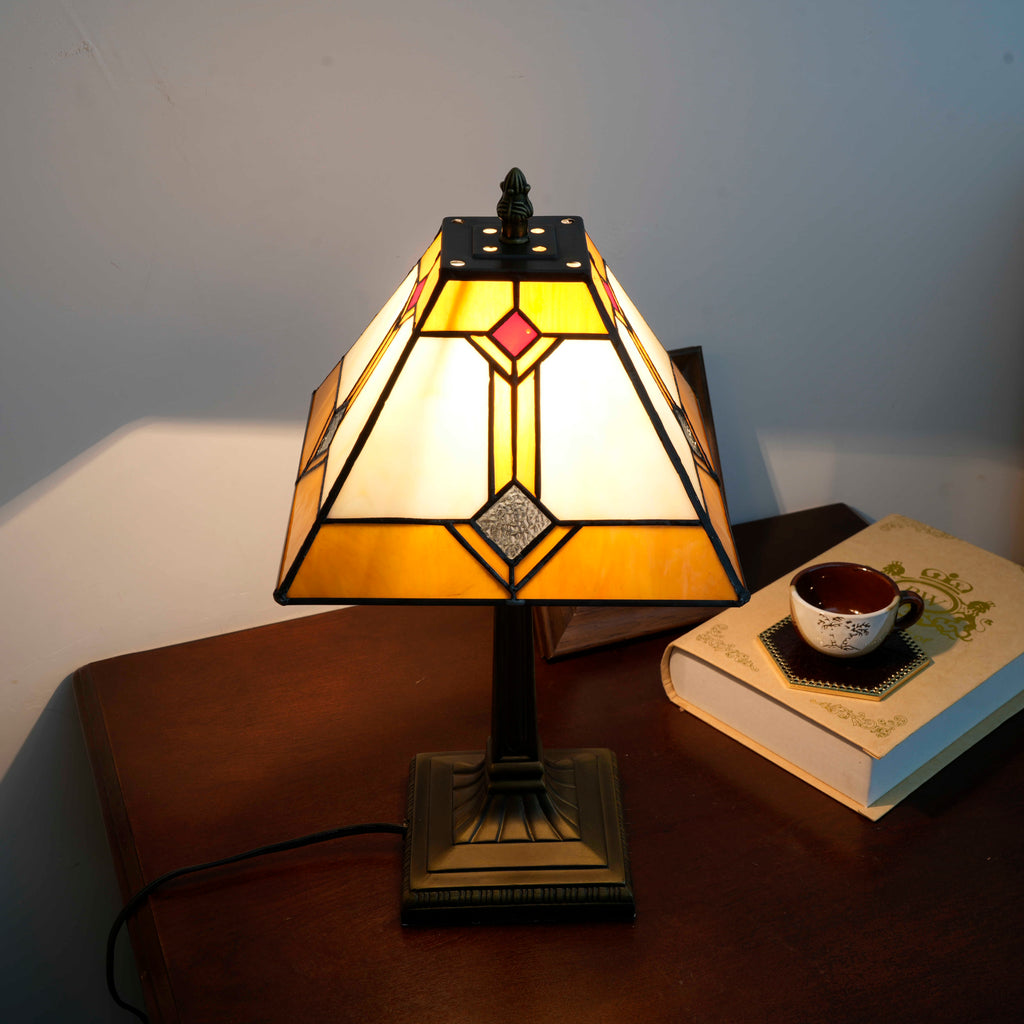 Tiffany Table Lamp in Geometric Amber Stained Glass