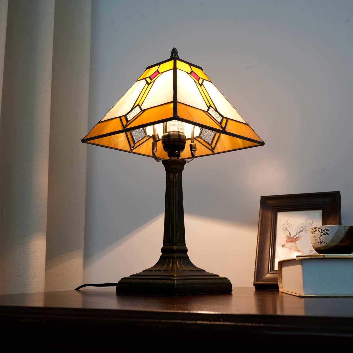 Tiffany Table Lamp in Geometric Amber Stained Glass