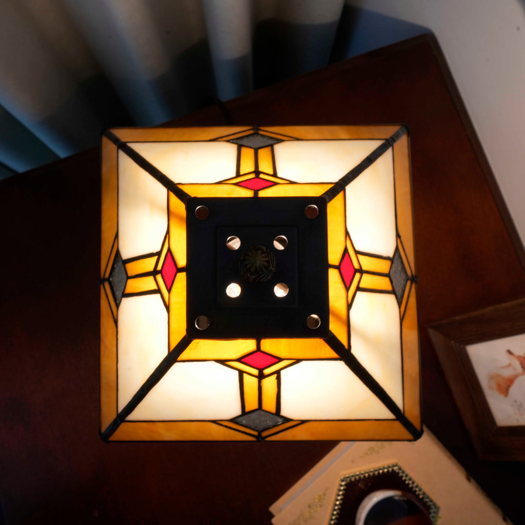 Tiffany Table Lamp in Geometric Amber Stained Glass