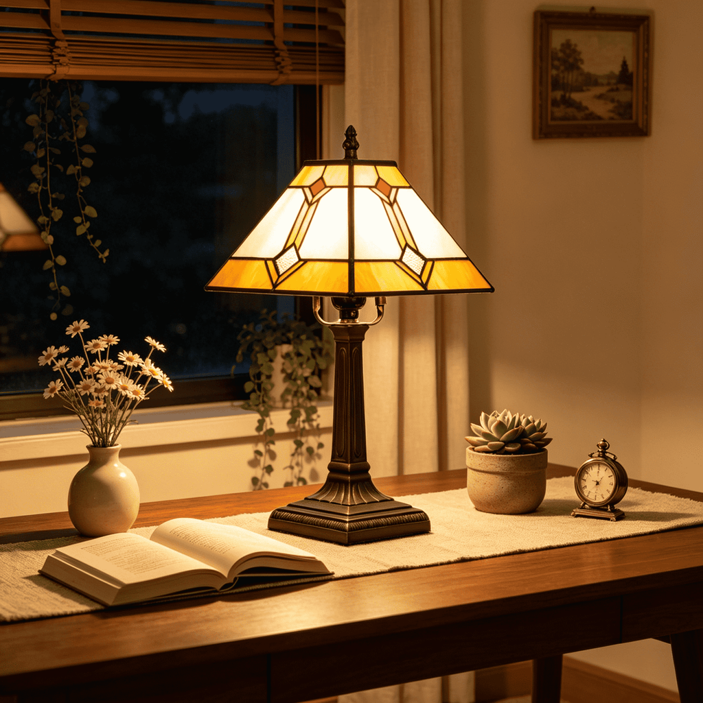 Tiffany Table Lamp in Geometric Amber Stained Glass